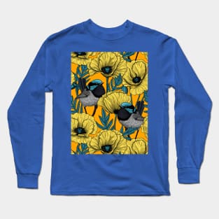 Fairy wren and poppies in yellow Long Sleeve T-Shirt